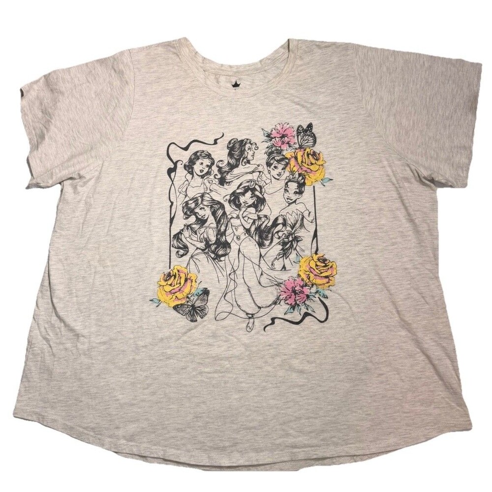 Disney Princess Women’s Plus Size 2X T Shirt Jasmine Ariel Belle Tiana Gray